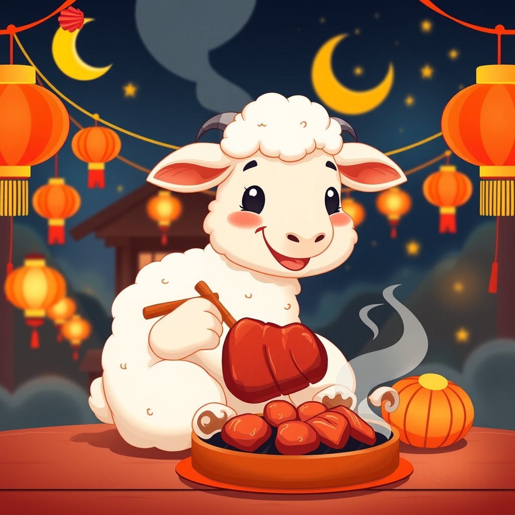 A cartoon sheep sitting down and smiling, holding a piece of grilled meat in its hand
