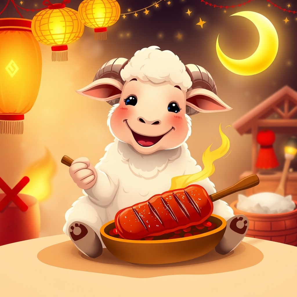 A realistic sheep sitting and smiling, holding a piece of grilled meat in its hand