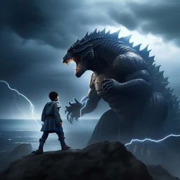 Ultra-realistic scene of a 19-year-old boy in battle armor, confronting Godzilla on a mountain near the sea. The boy wields a thunder-infused sword during a storm, with blue clouds, heavy rain, and flashes of lightning emphasizing a dramatic blue effect.