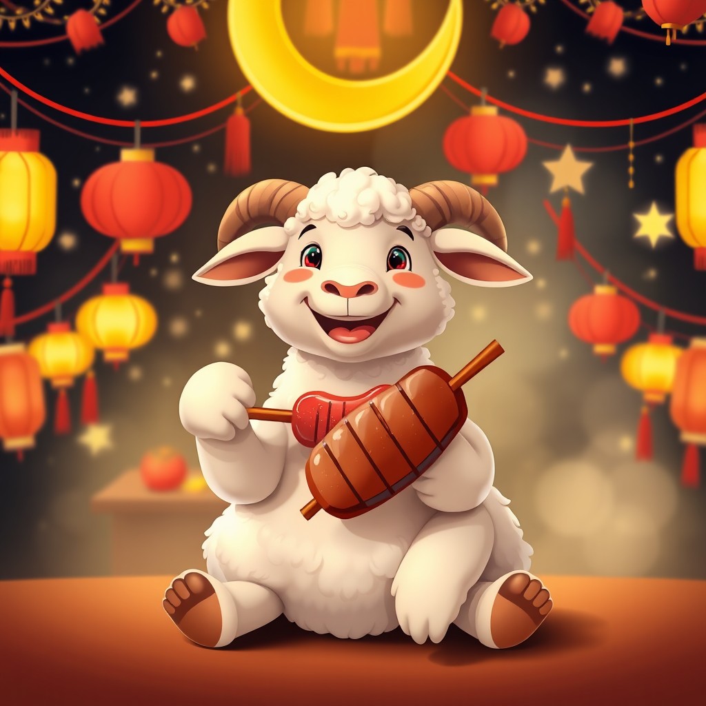 A realistic sheep sitting and smiling while holding a piece of grilled meat in its hand