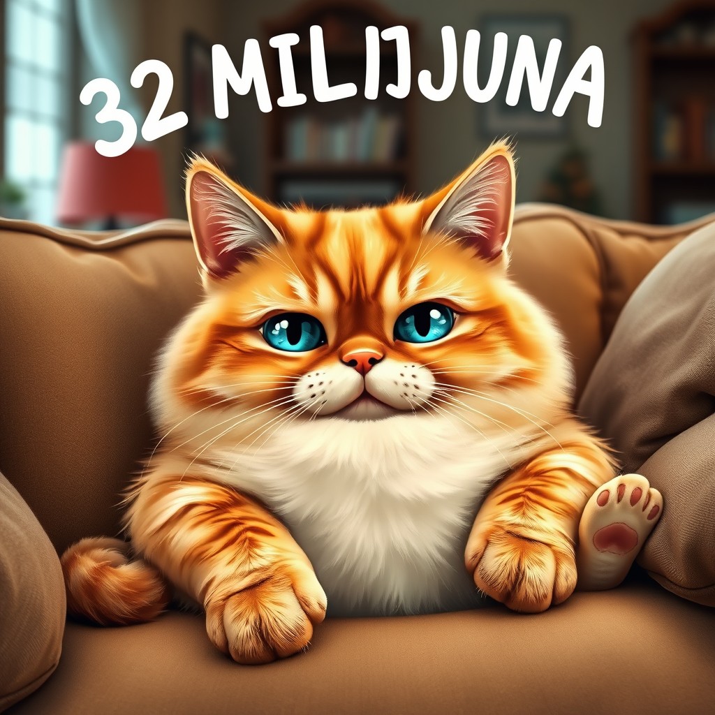 A large, cute, chubby orange cat with big, sweet blue eyes and a substantial belly is lying on a sofa