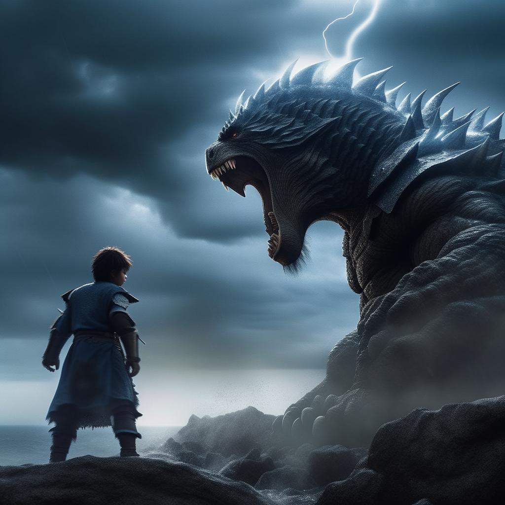 Ultra-realistic scene of a 19-year-old boy in battle armor, confronting Godzilla on a mountain near the sea. The boy wields a thunder-infused sword during a storm, with blue clouds, heavy rain, and flashes of lightning emphasizing a dramatic blue effect.