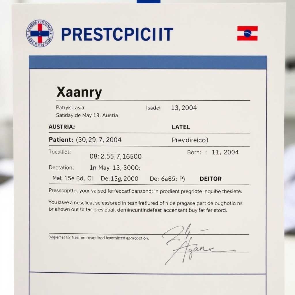 A formal medical document displaying a prescription for Xanax (Alprazolam) issued in Austria for a patient named Patryk Lasia, born on May 13, 2004