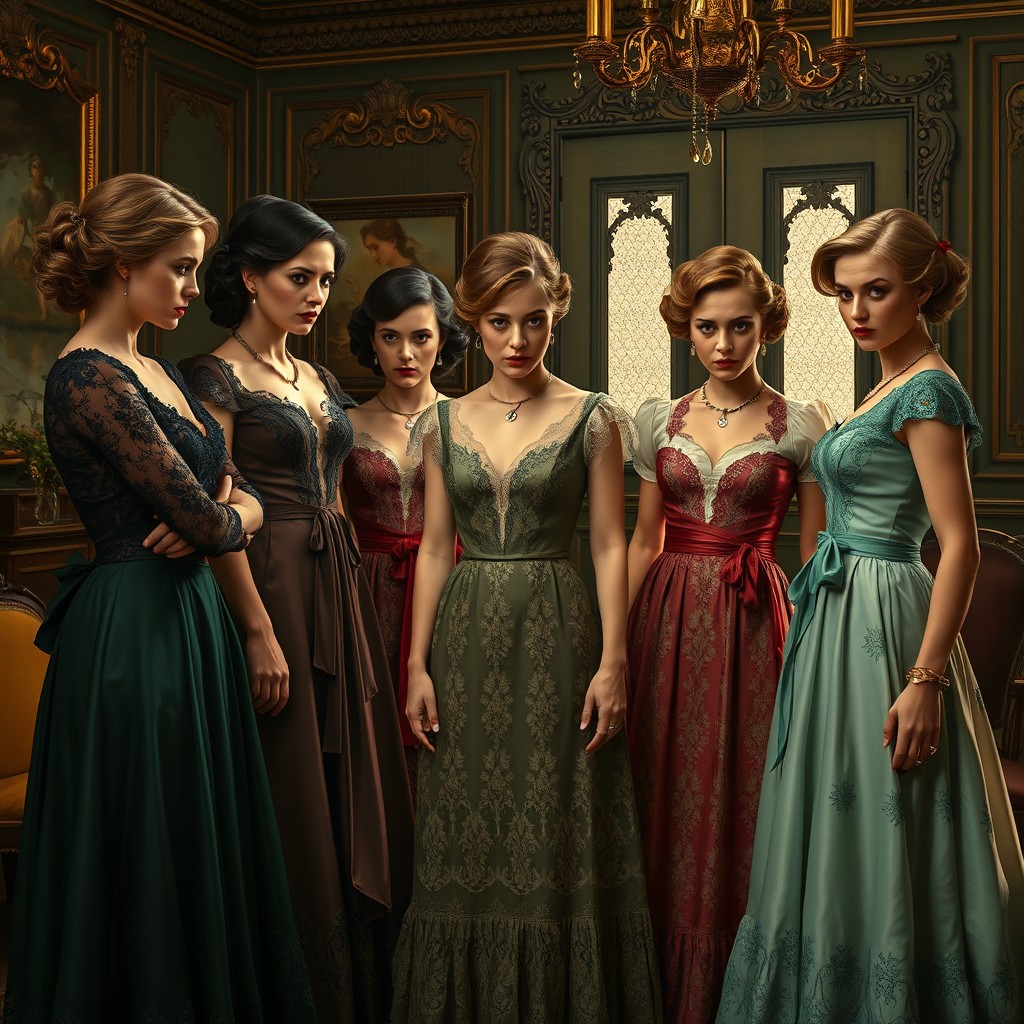 A scene depicting a group of women in vintage dresses, exuding an air of suspicion and distrust among each other