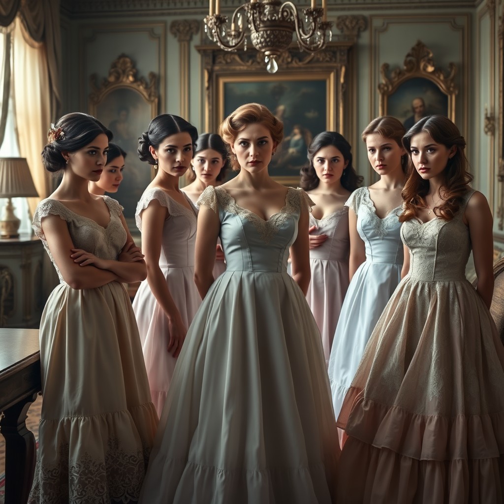 A tense scene depicting a group of women in elegant, vintage dresses, showcasing a range of concerned expressions and distrustful gazes directed at each other
