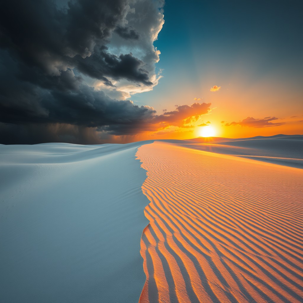 A breathtaking view of a white sand desert, featuring contrasting elements of nature