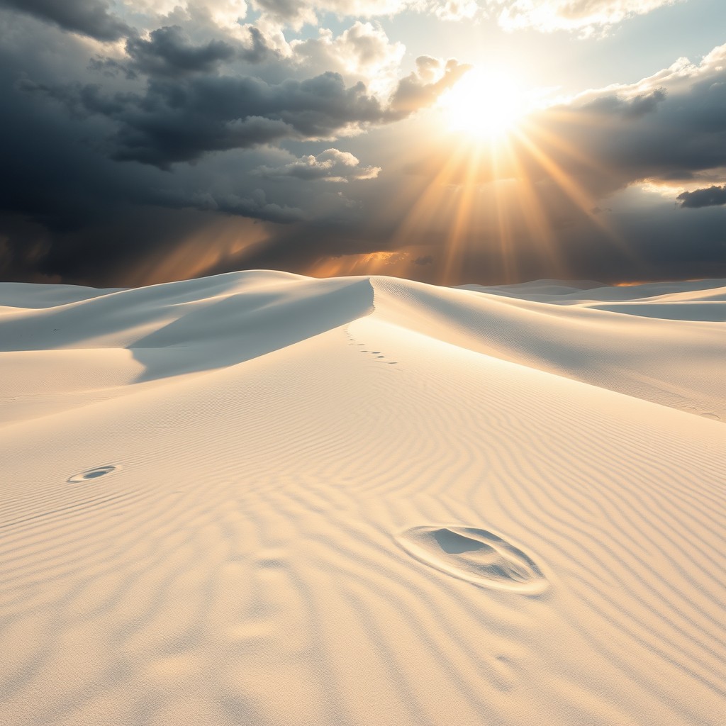 A stunning white sand desert landscape, embodying a dramatic contrast between the ominous shadow of a dark, menacing sandstorm approaching from one side and the warm, radiant light of the sun illuminating the other side