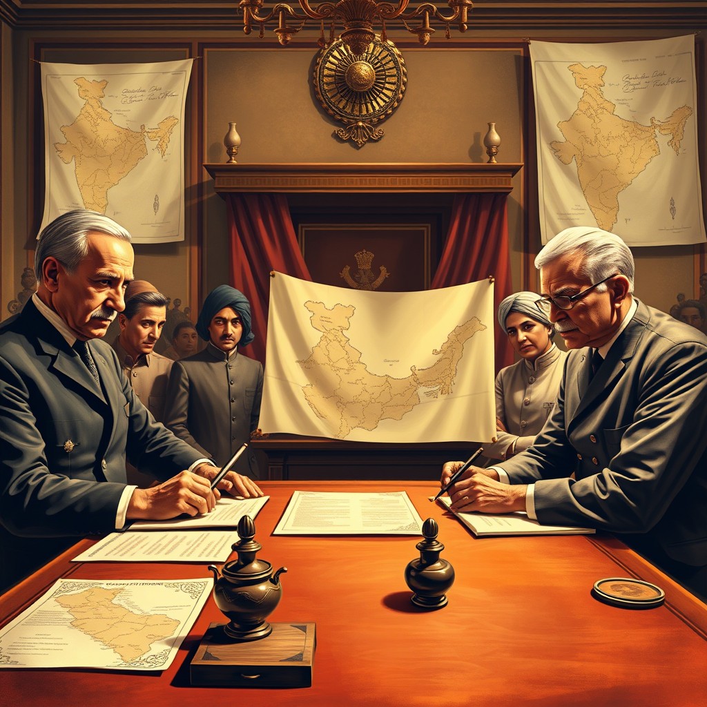 A detailed, historically inspired scene depicting the signing of the Indian Independence Act of 1947