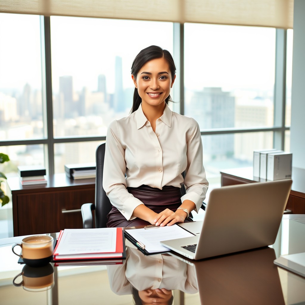 A petite secretary sitting at an elegant desk in a modern office environment