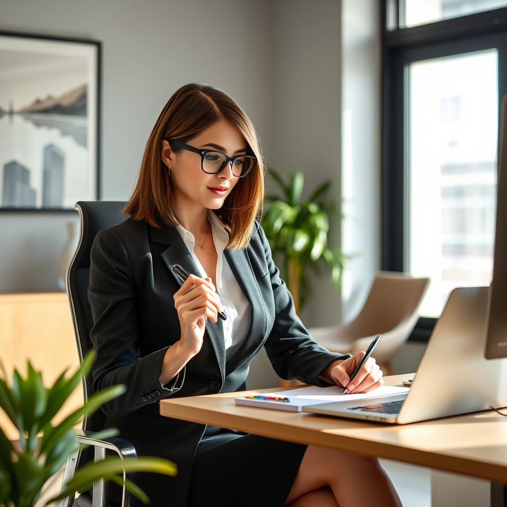 A petite secretary sitting at a stylish desk in a modern office environment, wearing a fashionable business suit