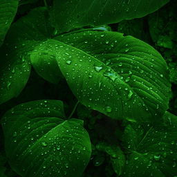 A photorealistic macro image of close-up tropical forest plant leaves adorned with sparkling water droplets, providing a warmly colored photorealistic backdrop for a contact web page.