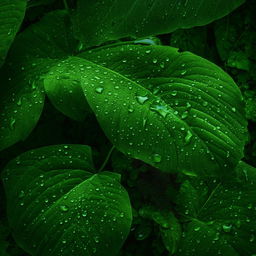 A photorealistic macro image of close-up tropical forest plant leaves adorned with sparkling water droplets, providing a warmly colored photorealistic backdrop for a contact web page.