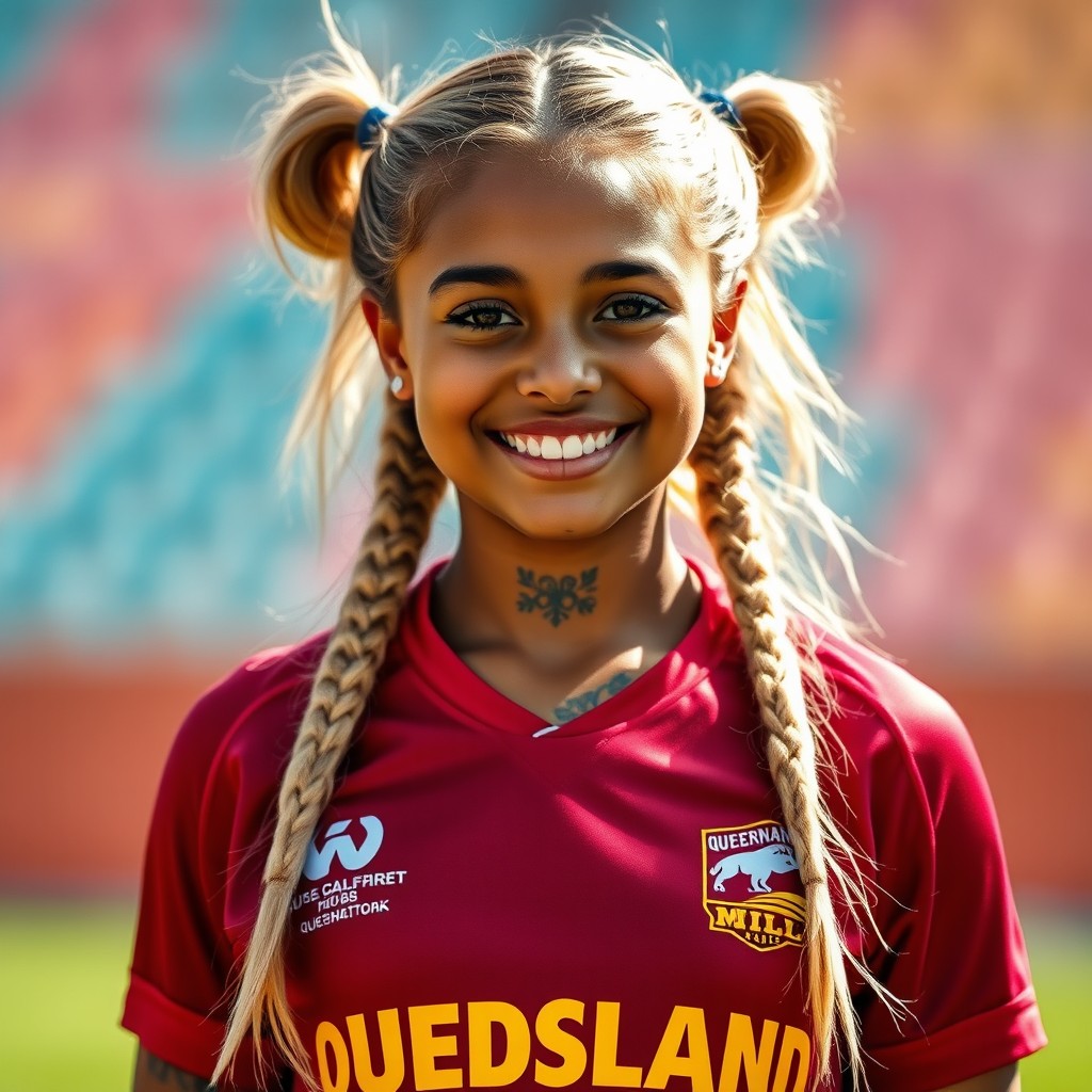 A beautiful brown-skinned girl wearing a Queensland rugby jersey, showcasing her long blonde hair styled in two high side ponytails