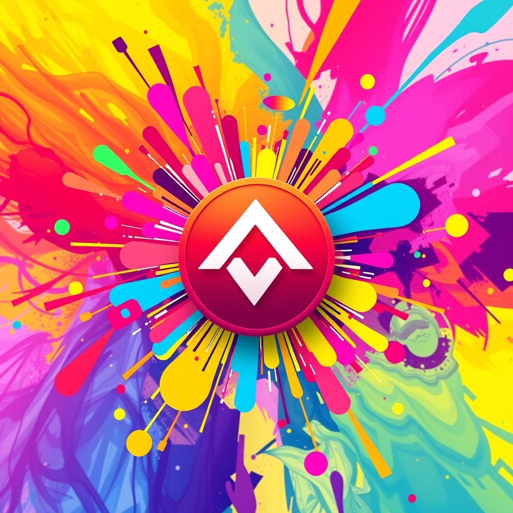 A vibrant and stylish image featuring a central logo that is slightly larger than before, surrounded by a colorful, dynamic background