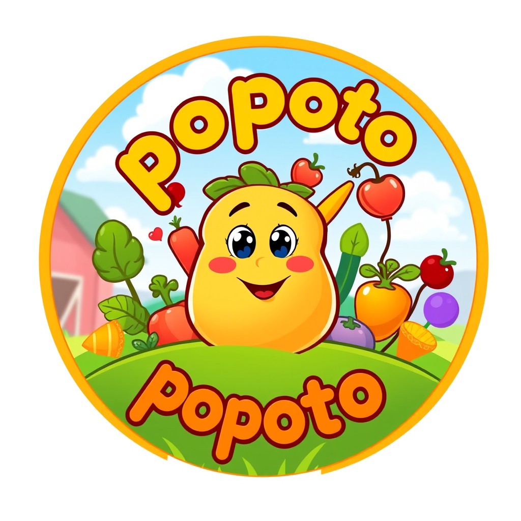 A vibrant, colorful logo design for a fictional popoto store, featuring a whimsical, cartoonish potato character at its center with eyes and a smiling face, surrounded by bright, eye-catching vegetables