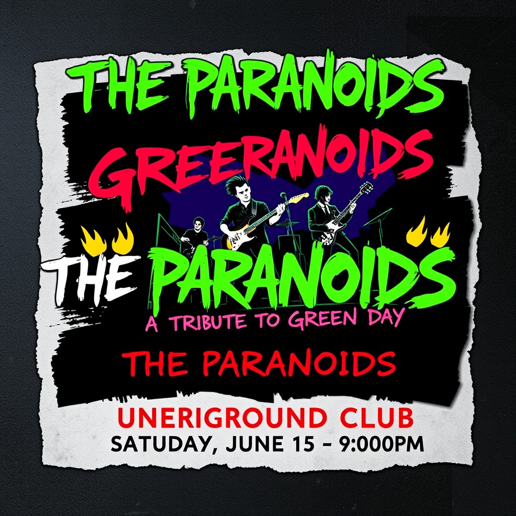 A dynamic and artistic poster for a Green Day tribute band called "THE PARANOIDS"