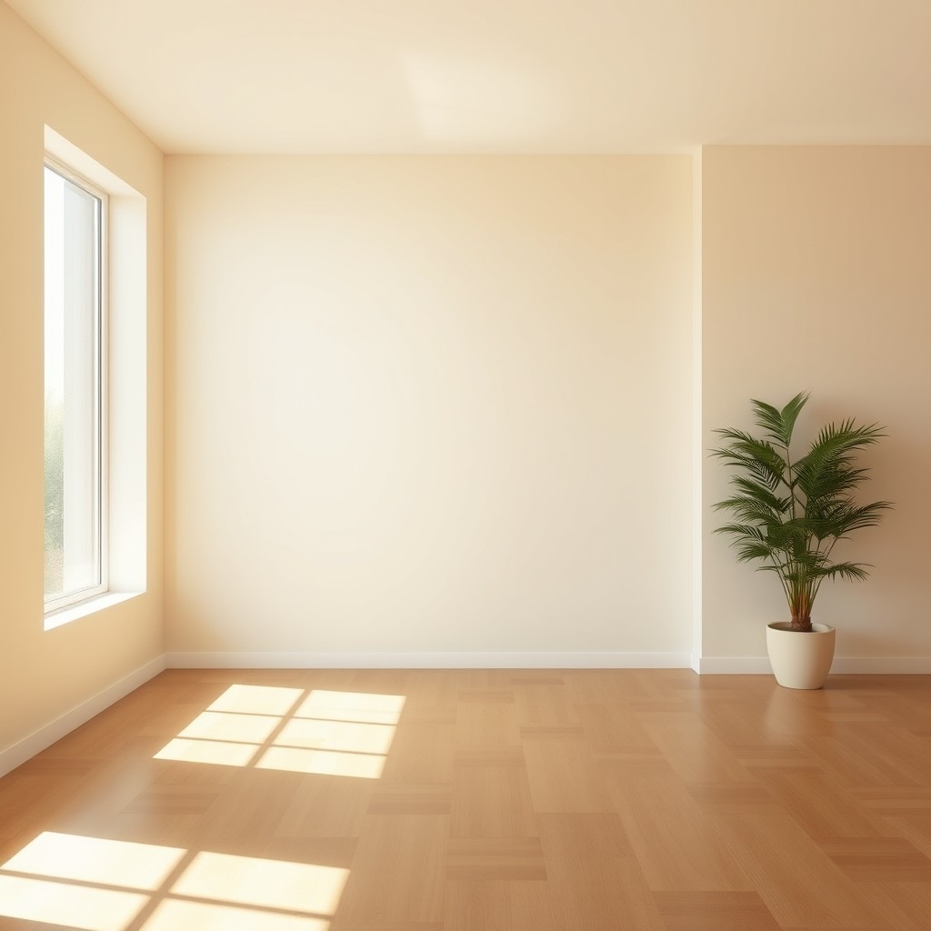 An empty room with soft, warm lighting, featuring light beige walls, a smooth hardwood floor, and a large window allowing natural light to flood in