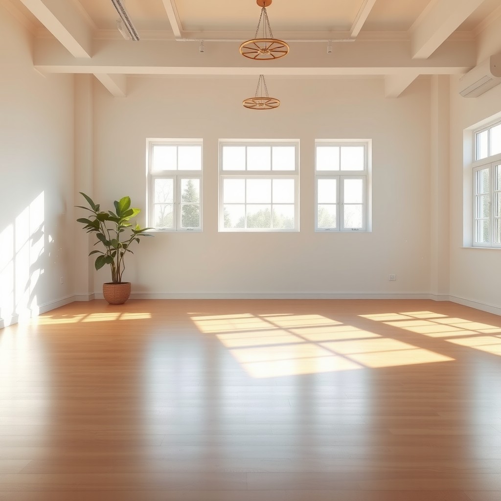 A spacious, empty room with white walls and a polished wooden floor