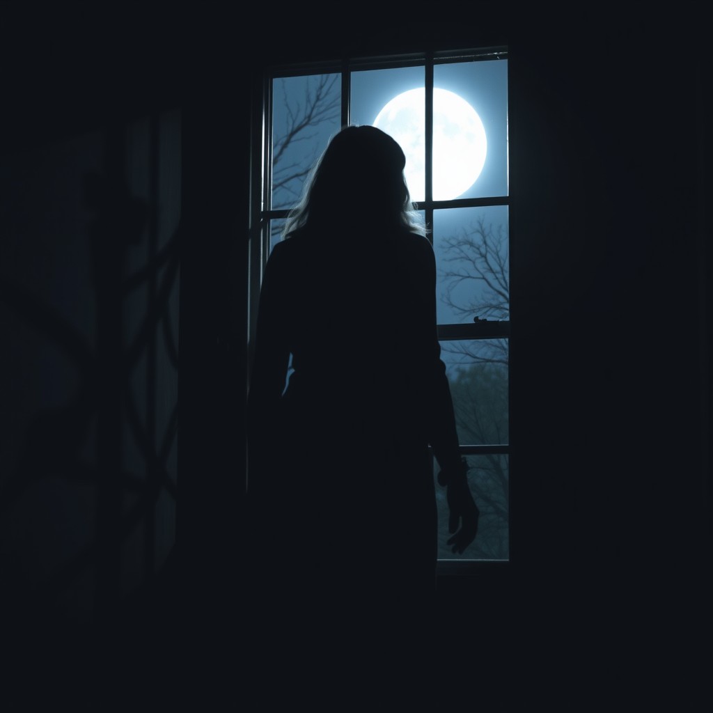 A brief, tension-filled scene depicting the shadow of a woman ominously watching from a window