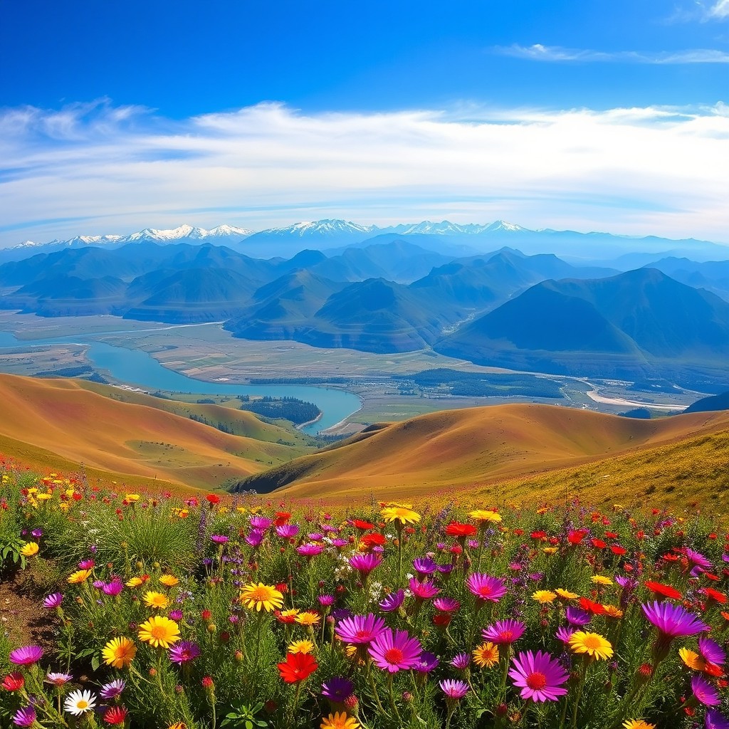A breathtaking wide-angle shot of a serene landscape, showcasing a vast horizon adorned with rolling hills and a clear blue sky