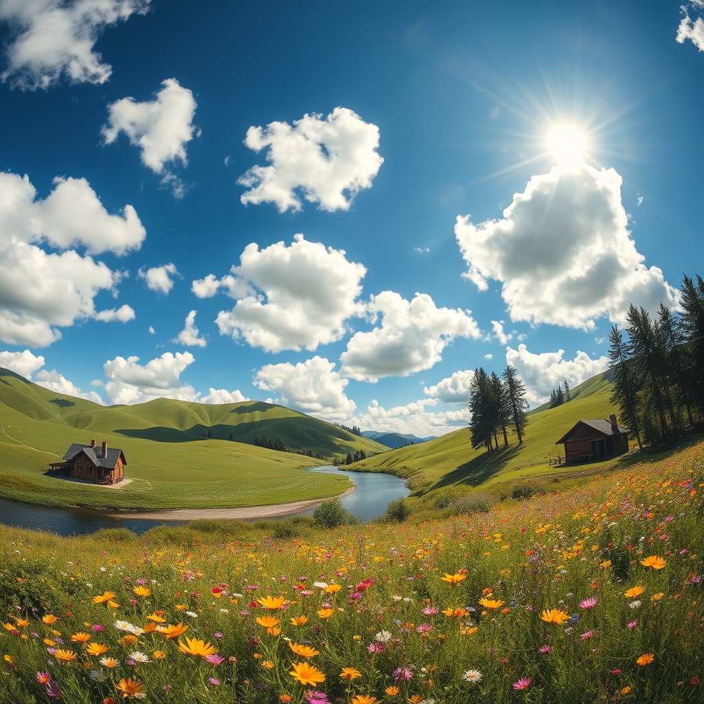A stunning wide-angle shot of a picturesque landscape, featuring rolling green hills under a bright blue sky scattered with fluffy white clouds