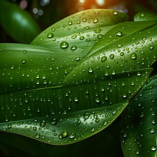 A photorealistic macro image of close-up tropical forest plant leaves adorned with sparkling water droplets, providing a warmly colored photorealistic backdrop for a contact web page.