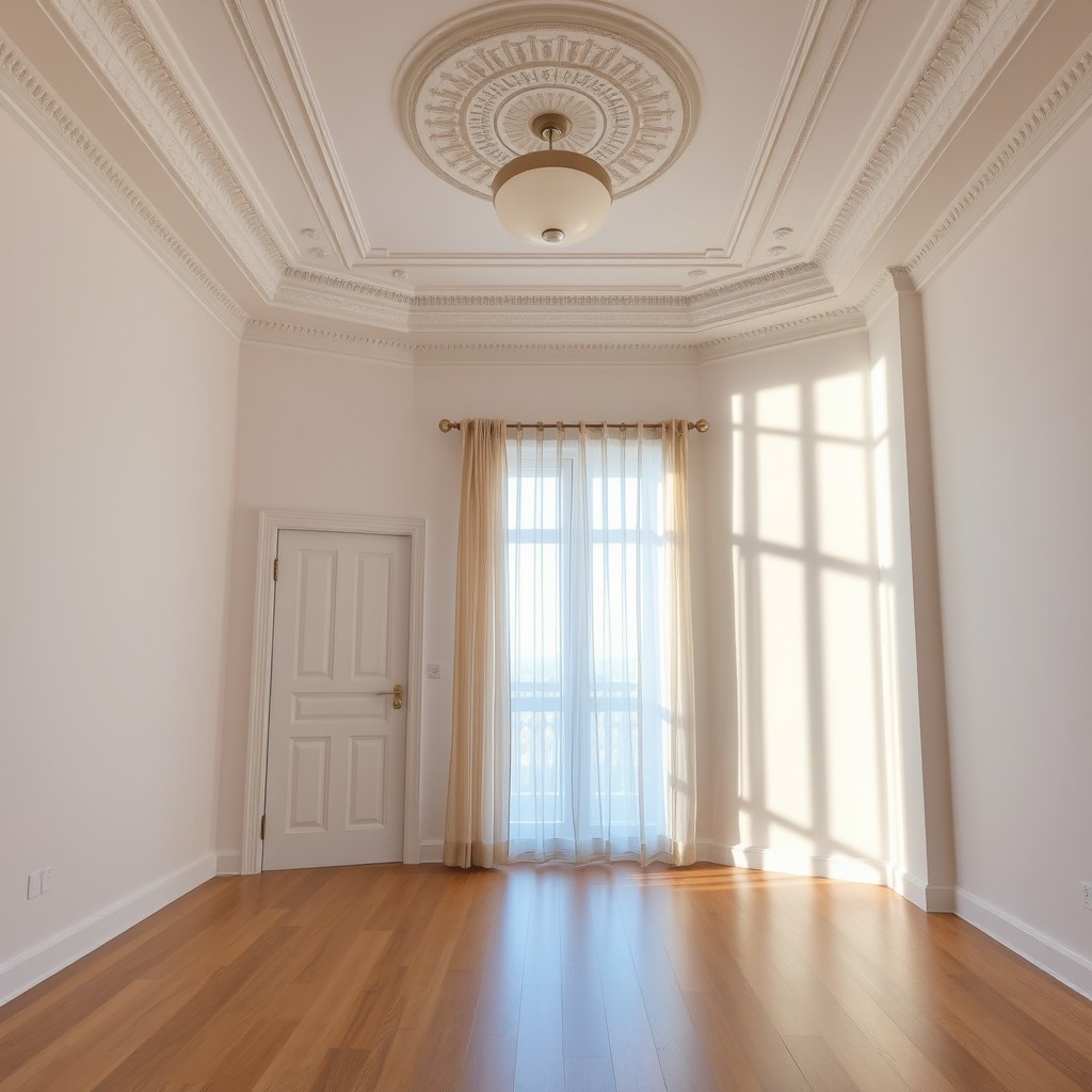 An empty room featuring a door and a window, designed with a stylish ceiling