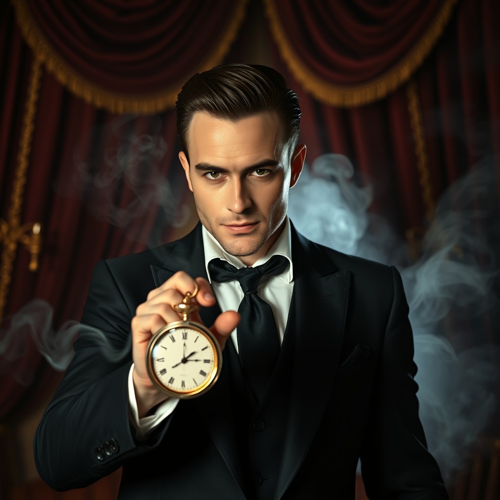 A charismatic male hypnotist in a stylish suit, confidently commanding attention in a dimly lit room filled with rich velvet curtains
