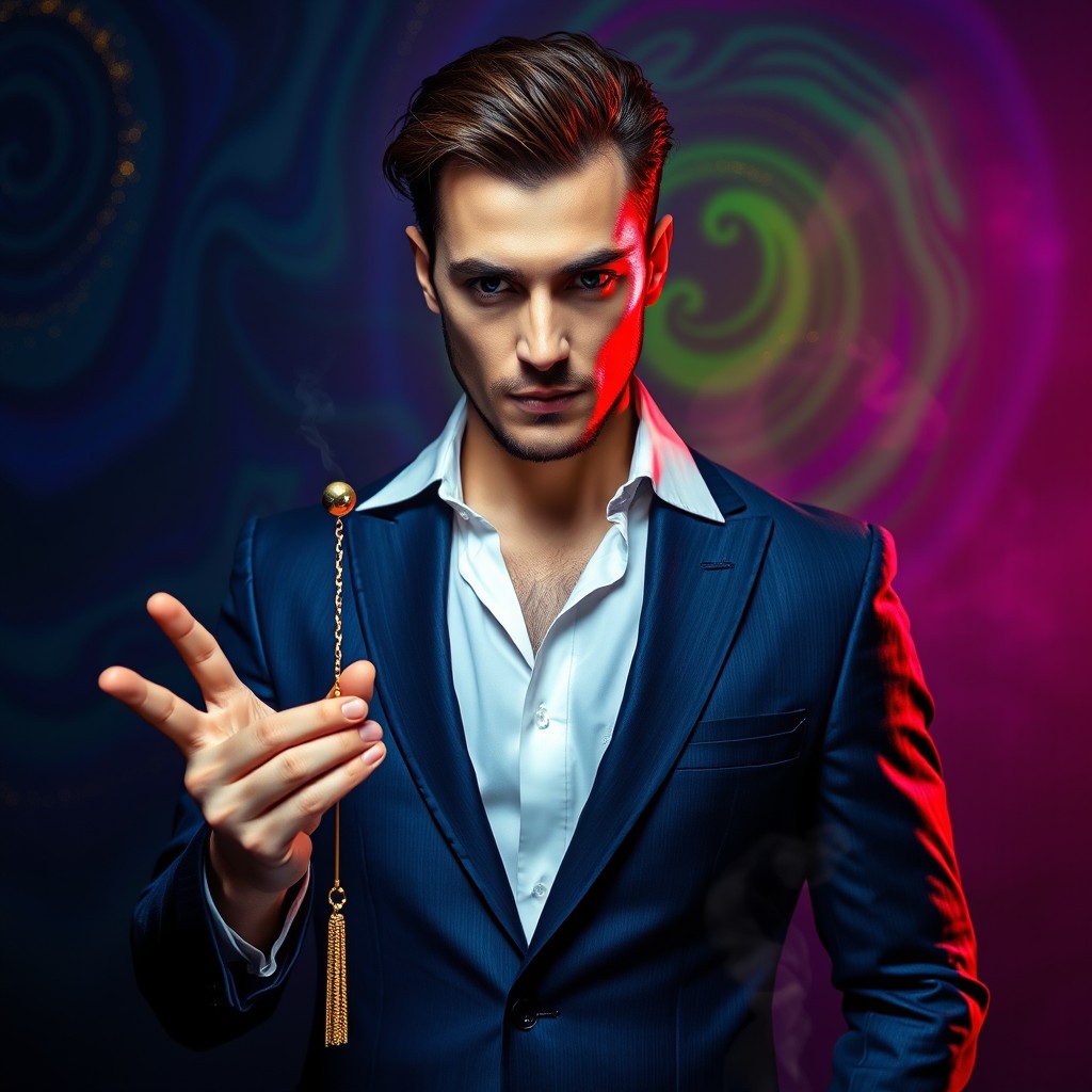 A striking image of a male hypnotist standing confidently in a dimly lit room filled with colorful swirling patterns
