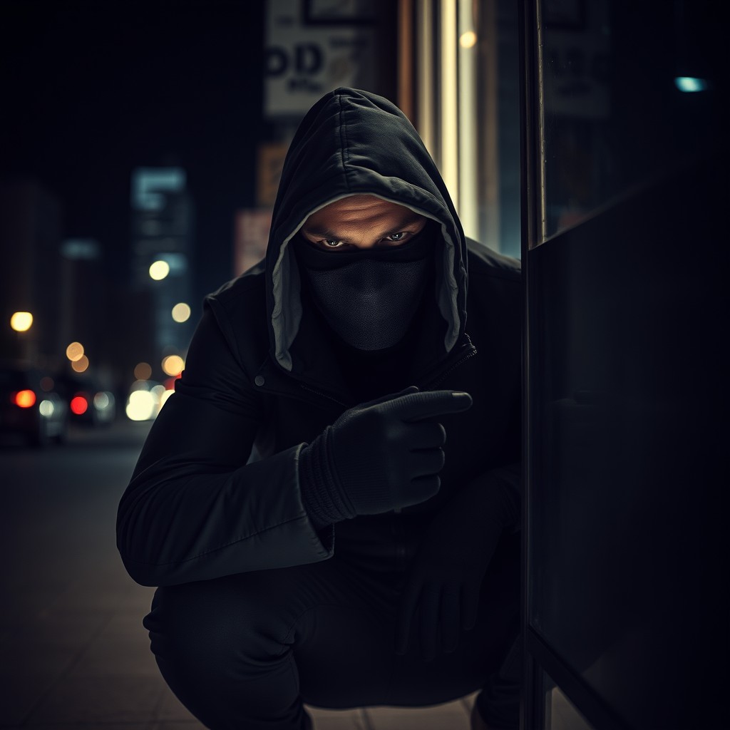 A mysterious masked thief in an urban setting, wearing a dark hooded jacket and black gloves