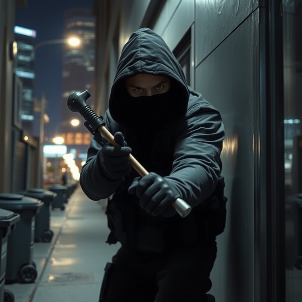 A mysterious masked thief stealthily breaking into a modern urban building at night