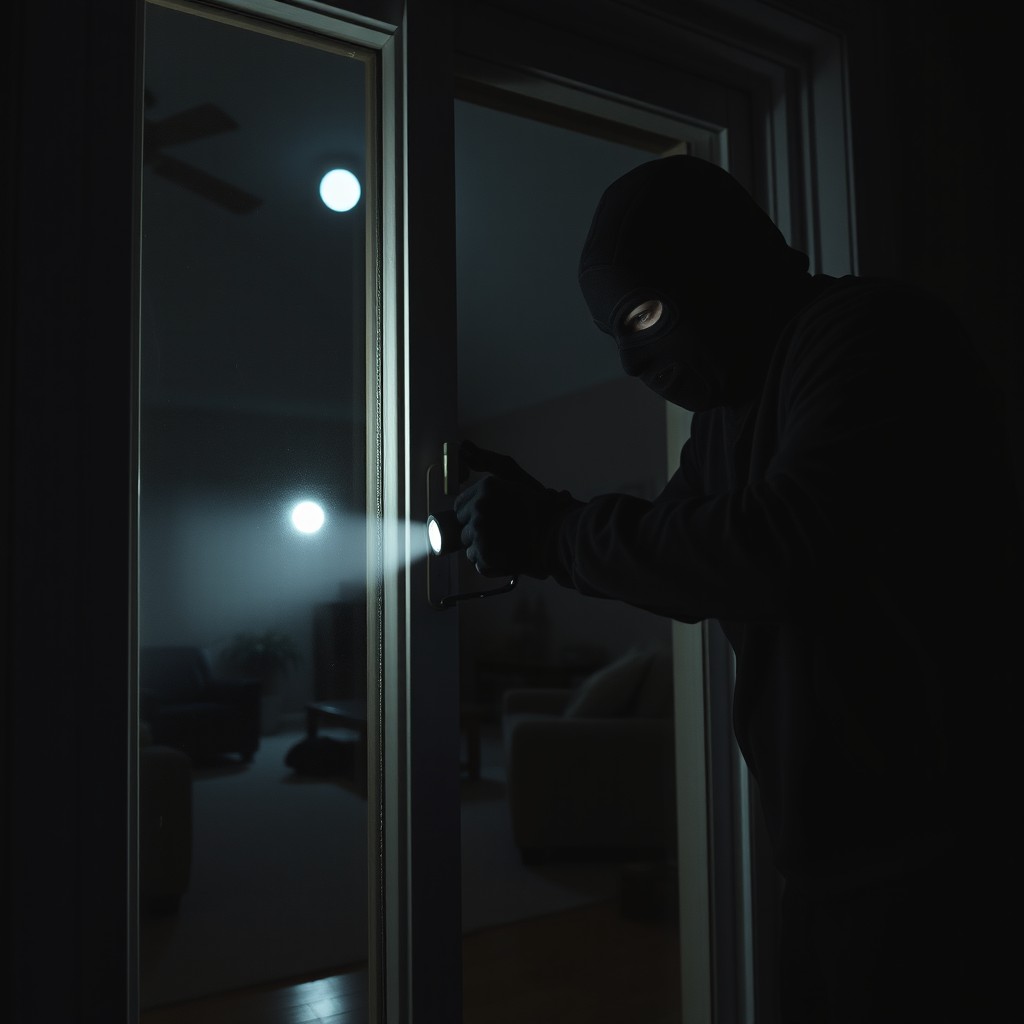 A stealthy burglar breaking into a house at night
