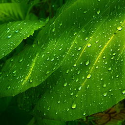 A photorealistic macro image of close-up tropical forest plant leaves adorned with sparkling water droplets, providing a warmly colored photorealistic backdrop for a contact web page.