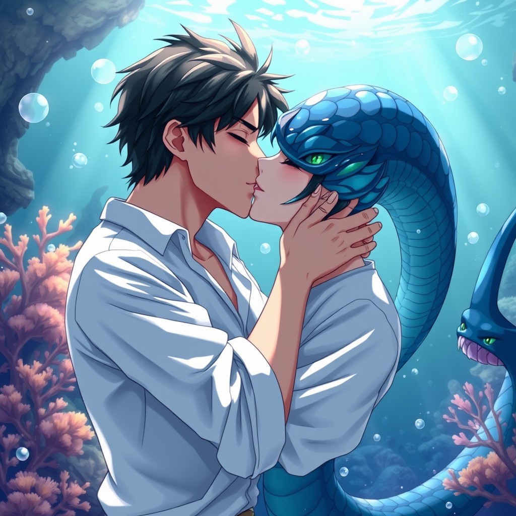 A passionate kiss between two characters inspired by the anime style, featuring a dark-haired character named Simeon and a serpent-like creature named Leviathan
