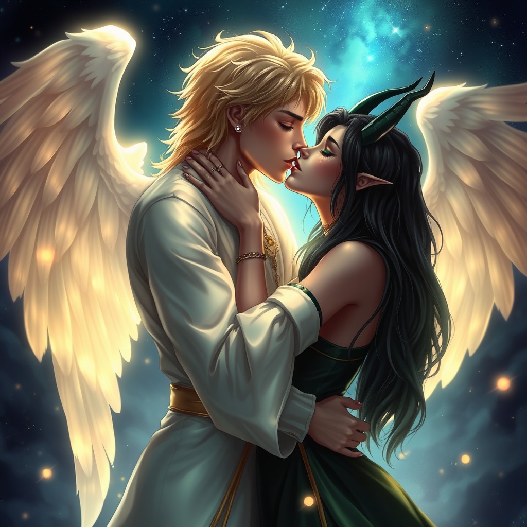 Simeon, a tall and attractive angel with blonde hair and gentle features, shares a passionate kiss with Leviathan, a striking demon with long dark hair and vivid green eyes, in a magical and ethereal setting