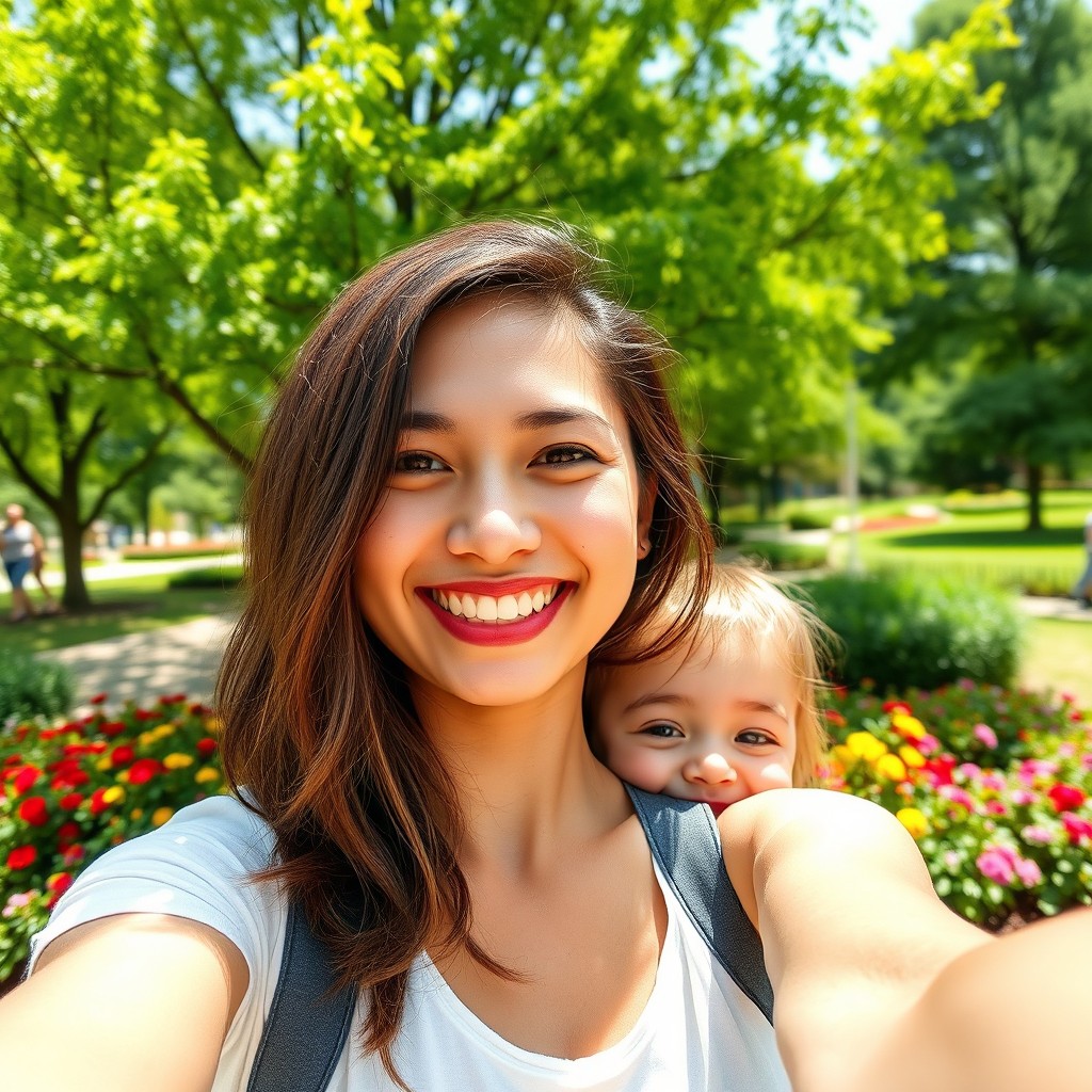 A young woman happily taking a selfie for Facebook, smiling brightly with a cheerful expression