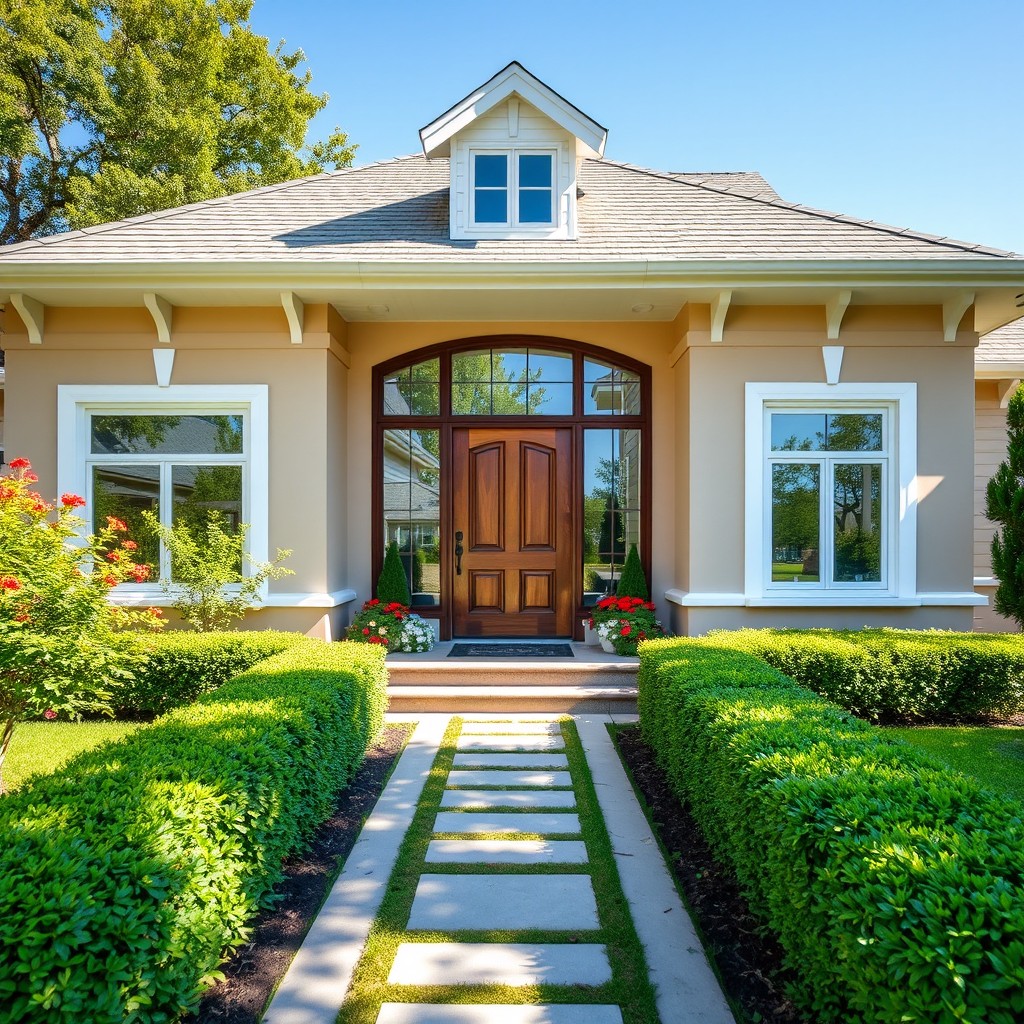 A beautifully designed house facade showcasing a modern architectural style with large glass windows and a welcoming wooden door