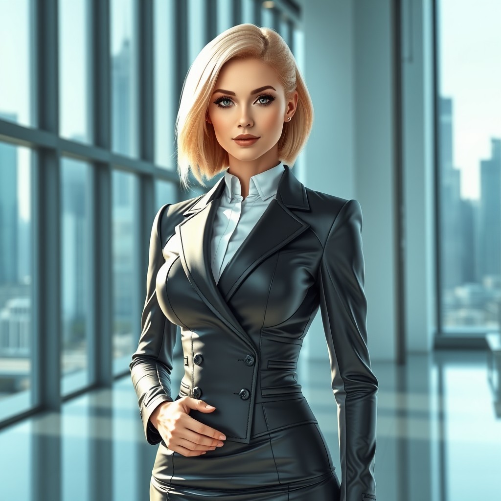 A light-blonde woman confidently standing in a futuristic office setting, wearing a sleek Arasaka Corporation executive uniform that features sharp lines and a glossy finish