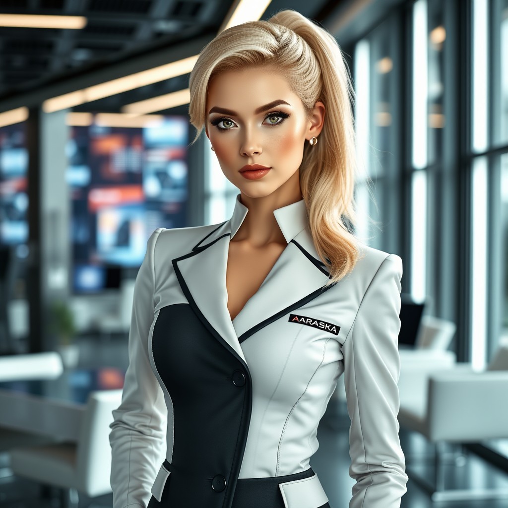 A light-blonde woman confidently wearing an Arasaka Corporation executive uniform, showcasing a sleek and futuristic design