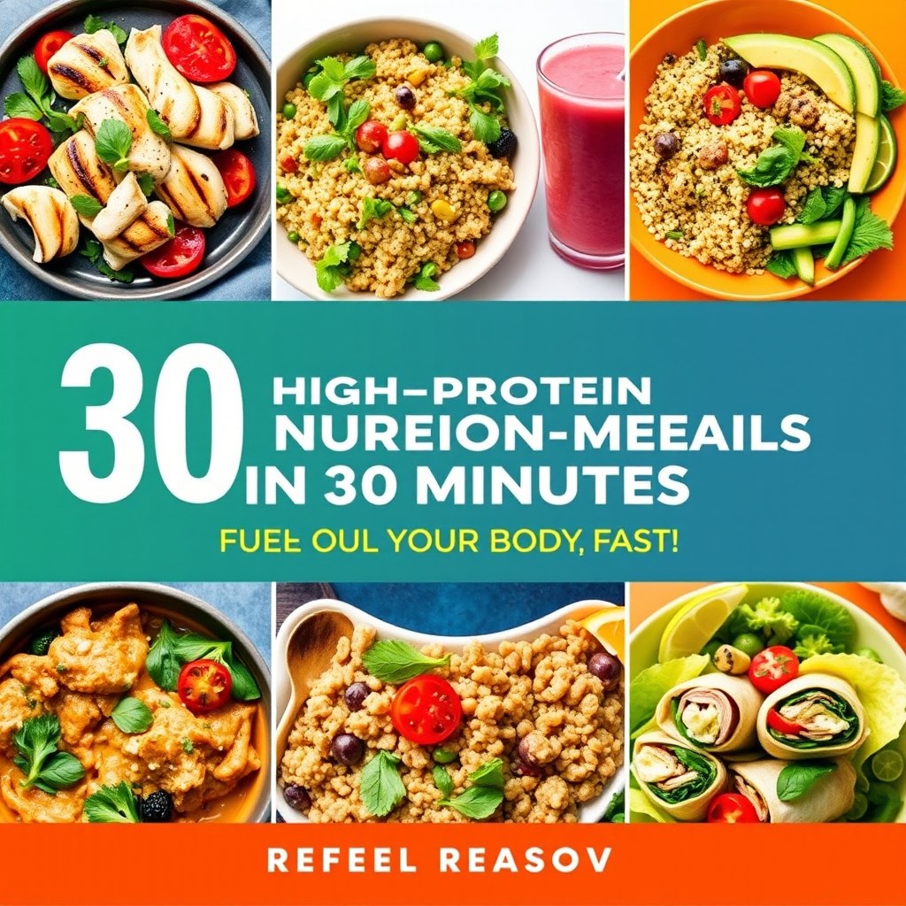 A vibrant and energetic cover page for a healthy recipe book titled "30 High-Protein Meals in 30 Minutes: Fuel Your Body, Fast!" The title is bold and prominently displayed in the center, using a modern sans-serif font