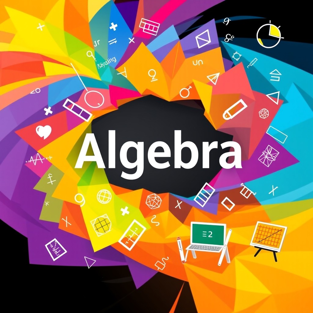 A vibrant and engaging cover design for an algebra textbook, featuring a colorful geometric pattern that symbolizes mathematical concepts, such as equations, graphs, and grids