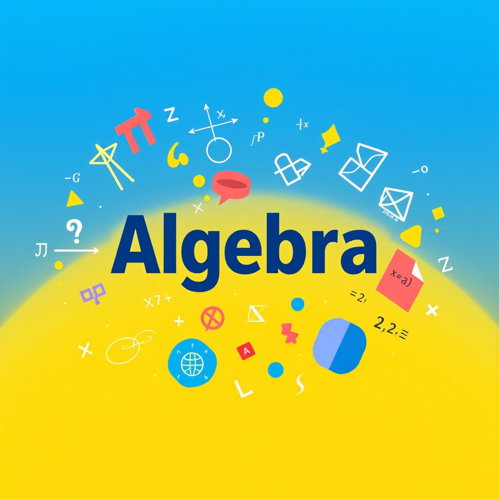 An engaging and vibrant cover design for an Algebra textbook, featuring a dynamic mix of algebraic symbols, graphs, and geometric shapes in a stylish arrangement