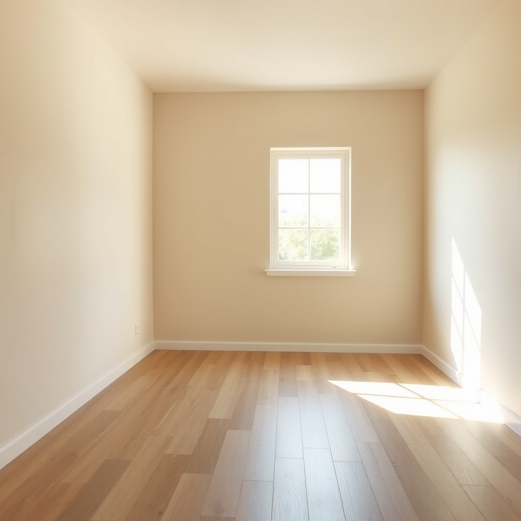 A minimalistic empty room characterized by beige walls and a wooden floor
