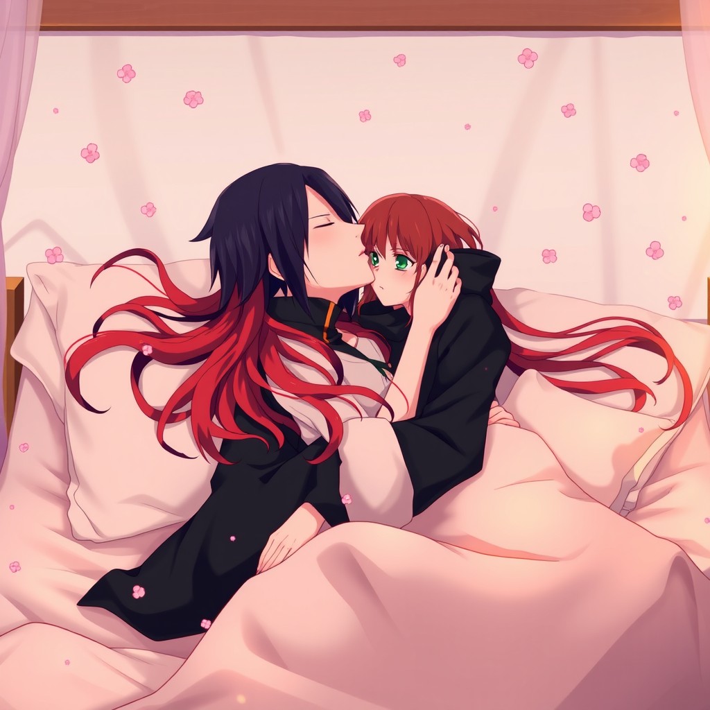 In a vibrant anime style reminiscent of Naruto, depict Itachi Uchiha, with his traditional dark attire and long black hair, engaging in a tender kiss with a beautiful red-haired girl, who has flowing crimson locks and bright green eyes