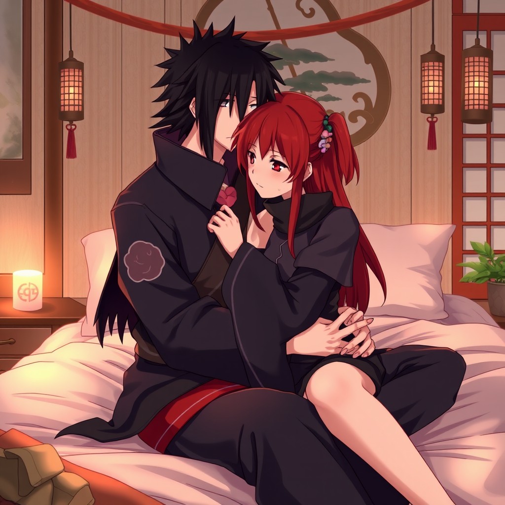 A beautifully illustrated scene in a Naruto-style anime setting, featuring Itachi Uchiha, a dark-haired ninja with his signature long hair and clan attire, gently kissing a redhead girl