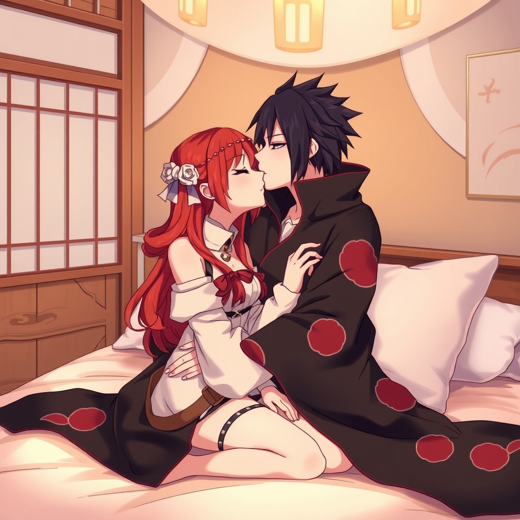 A romantic scene in Naruto anime style featuring Itachi Uchiha and a beautiful redhead girl sharing a kiss while sitting on a bed