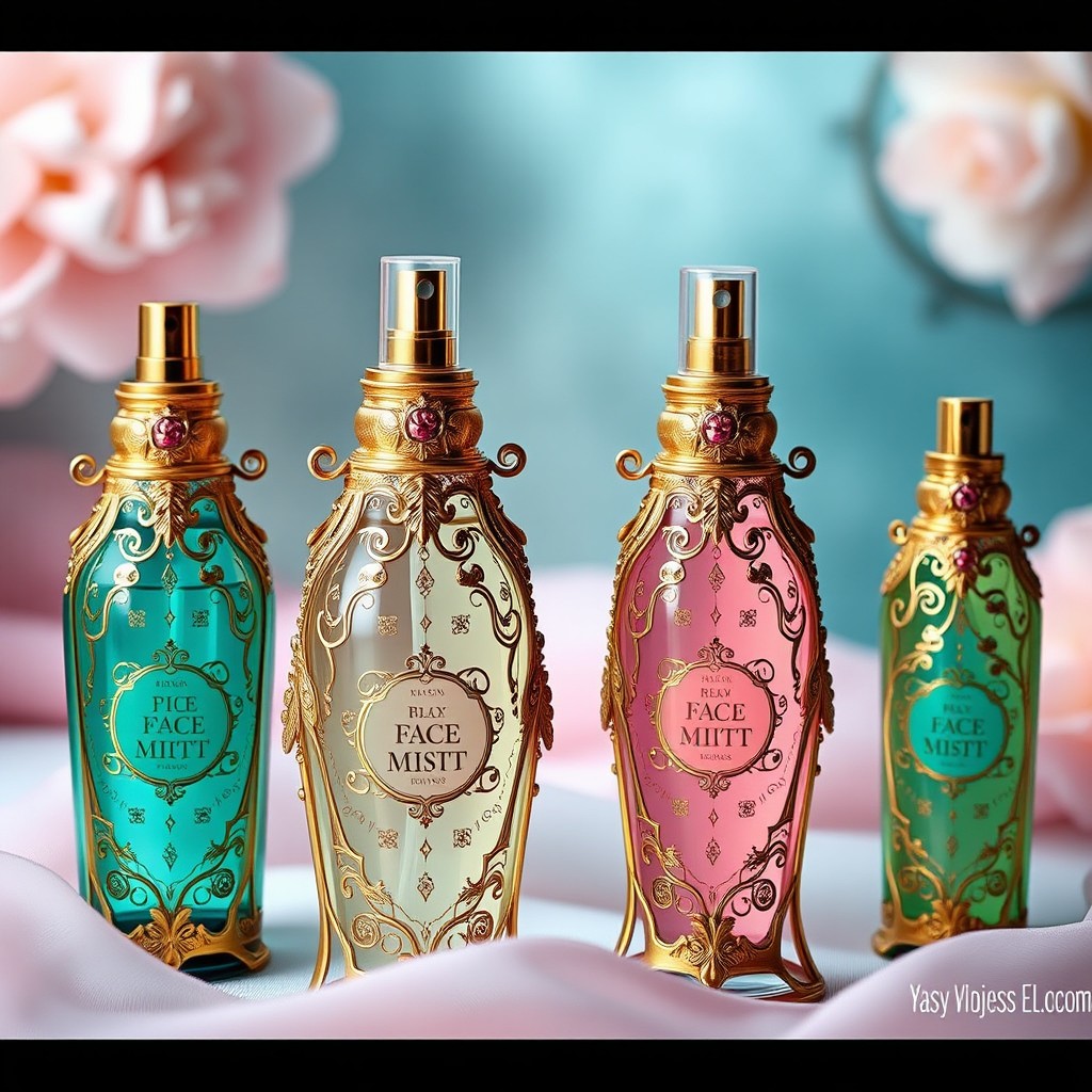 A collection of stunning, exquisite face mist products, beautifully designed with luxurious, elegant packaging