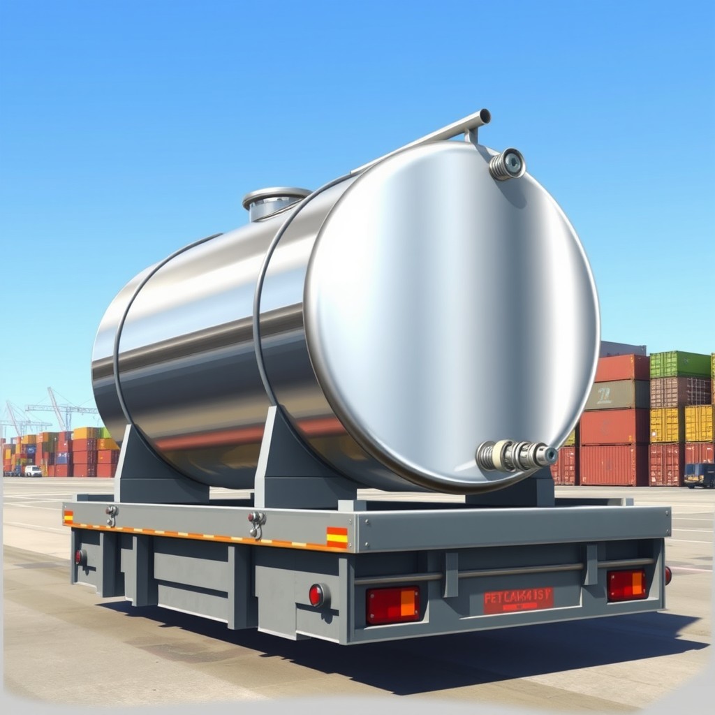 A detailed and realistic illustration of an ISO tank mounted on a flat rack