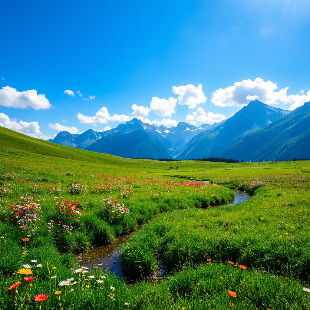 A serene landscape featuring a lush green meadow under a bright blue sky, adorned with colorful wildflowers swaying softly in the gentle breeze