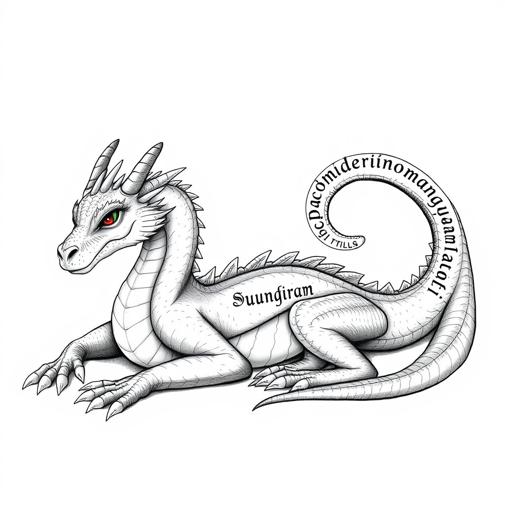 A black and white illustration of a realistic European-style dragon lying down with its head resting on its front paws
